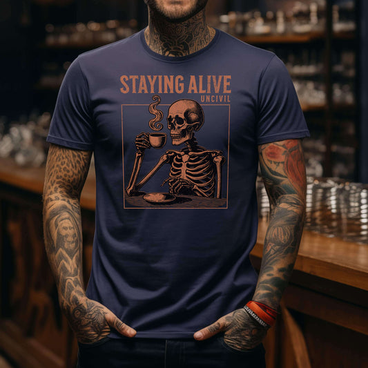 Navy Staying Alive Graphic Unisex T-Shirt with Skeleton Drinking Coffee