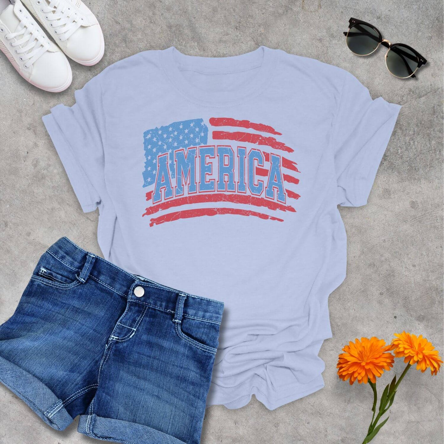 Light Blue America Flag Distressed T-Shirt