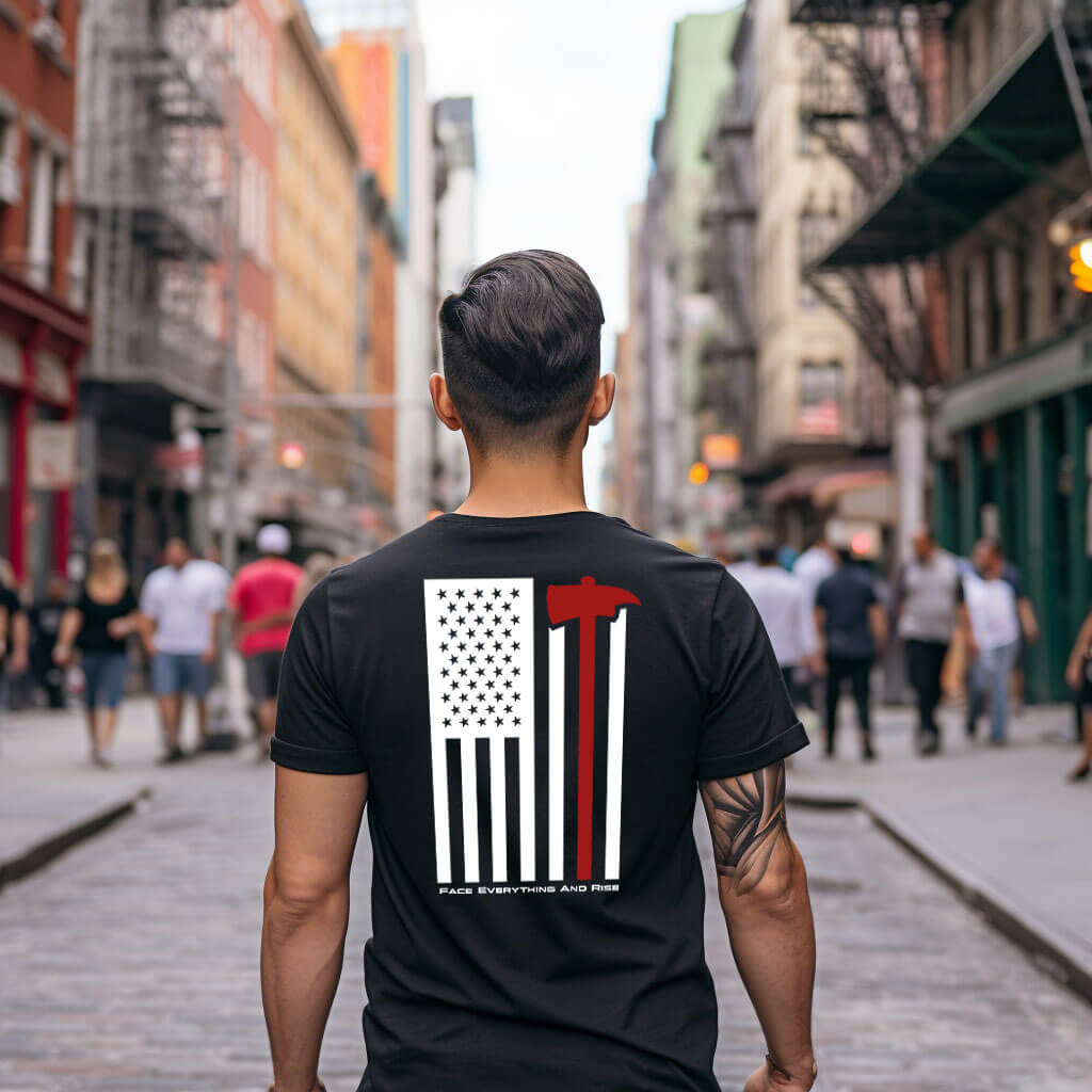 Face Everything & Rise UNCIVIL Firefighter Men's t-shirt with American Flag and Fireman's Axe - Black