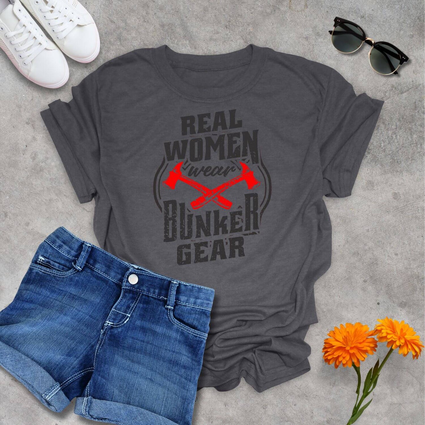 Dark Heather Grey Real Women Wear Bunker Gear Firefighter T-Shirt