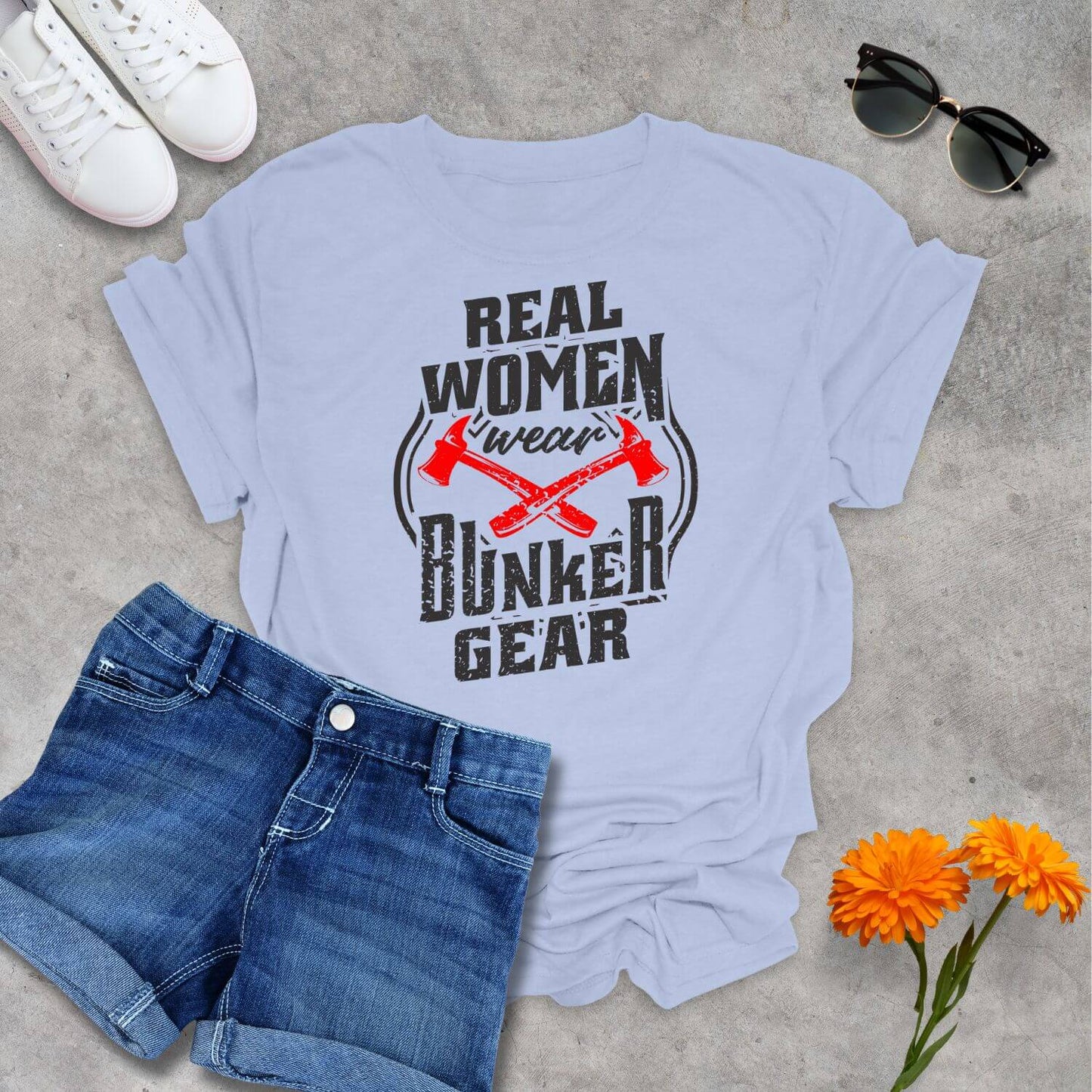 Light Blue Real Women Wear Bunker Gear Firefighter T-Shirt