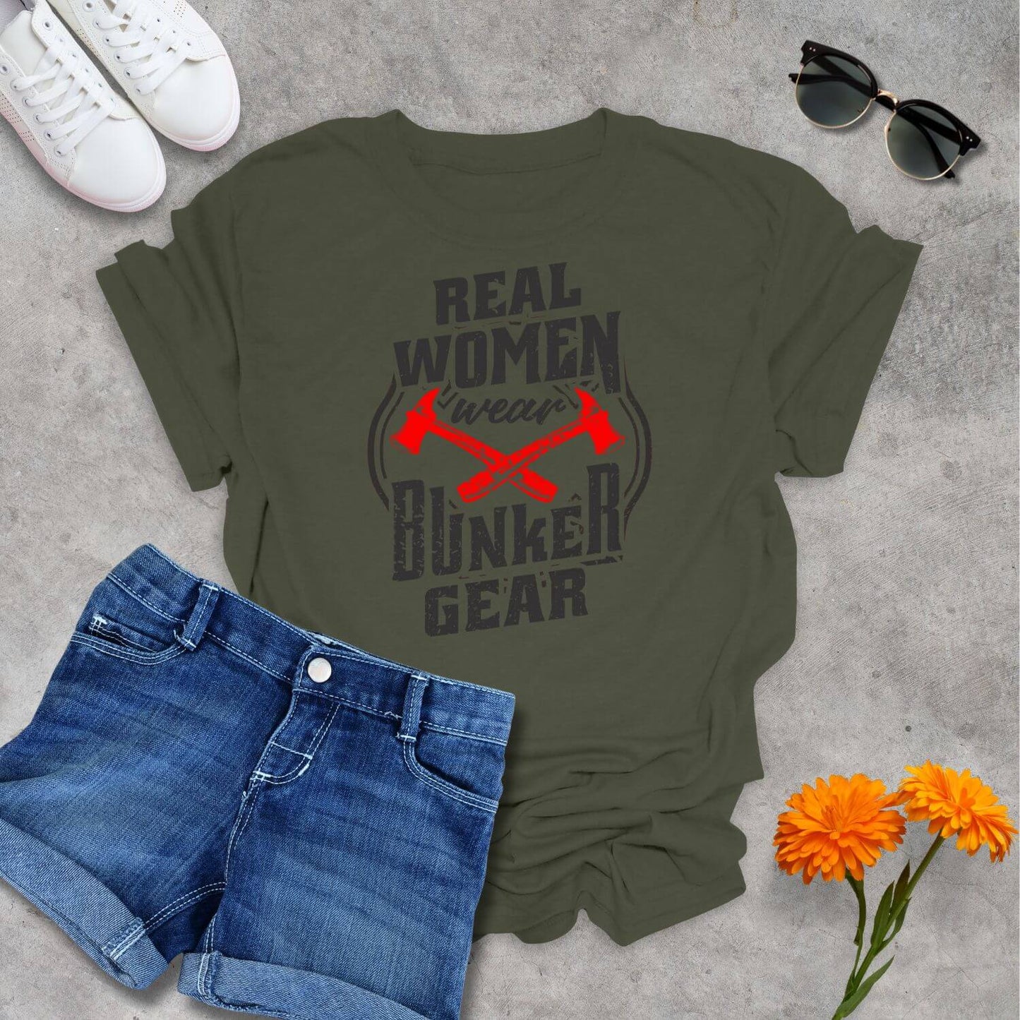 Military Green Real Women Wear Bunker Gear Firefighter T-Shirt
