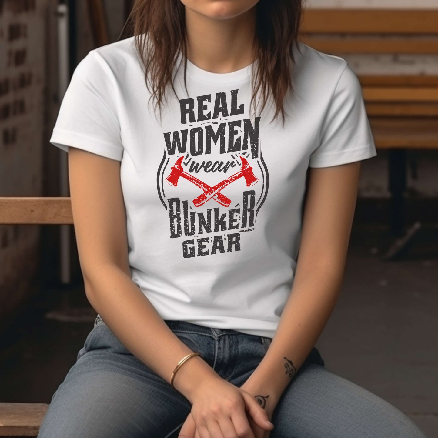 White Real Women Wear Bunker Gear Firefighter T-Shirt