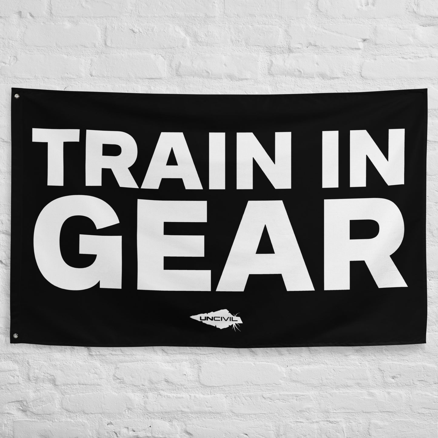 Train in Gear Flag 5x3 flag. Made for Firefighters, military, and first responders. Black and White flag with the UNCIVIL spear.