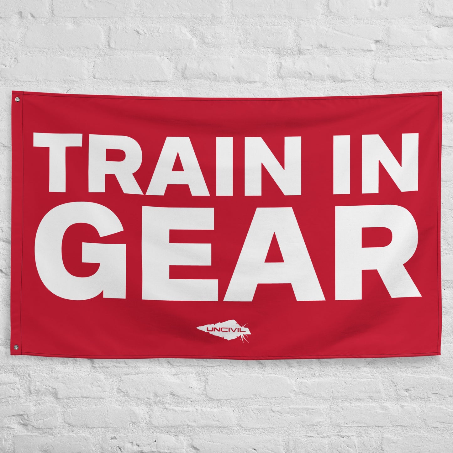 Train in Gear Flag 5x3 flag. Made for Firefighters, military, and first responders. Red and White flag with the UNCIVIL spear.