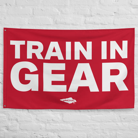 Train in Gear Flag 5x3 flag. Made for Firefighters, military, and first responders. Red and White flag with the UNCIVIL spear.