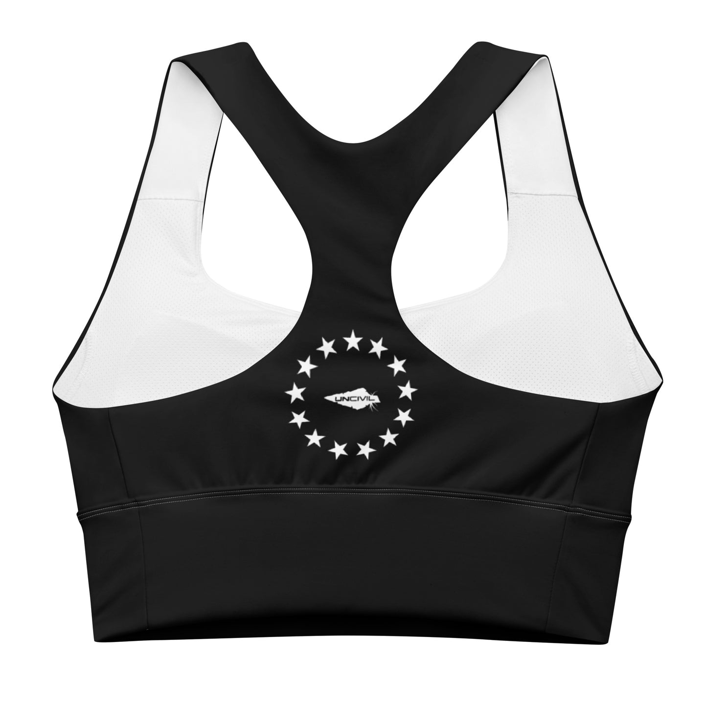 Black longline high support Betsy Ross UNCIVIL Sports bra. With its compression fabric and double-layered front and shoulder straps, you can rest assured that you'll be supported through any activity.