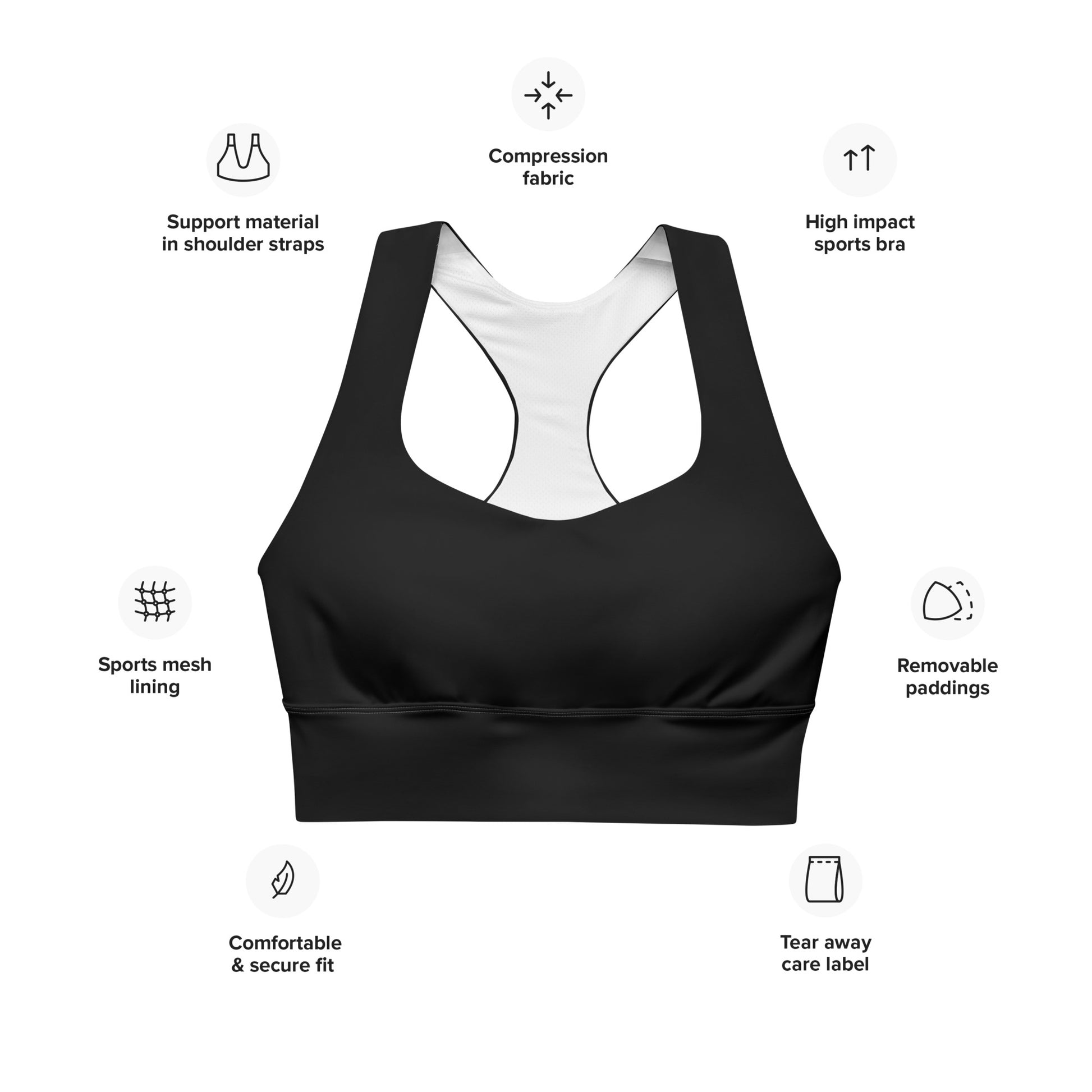 Black longline high support Betsy Ross UNCIVIL Sports bra.  With its compression fabric and double-layered front and shoulder straps, you can rest assured that you'll be supported through any activity.