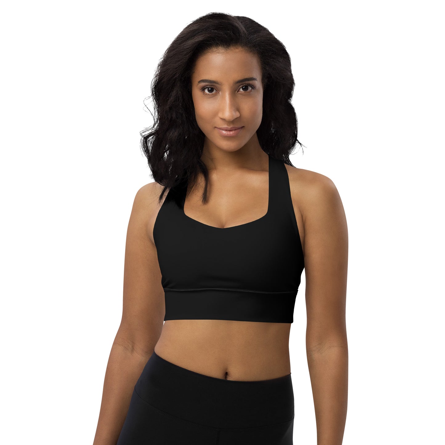 Black longline high support Betsy Ross UNCIVIL Sports bra. With its compression fabric and double-layered front and shoulder straps, you can rest assured that you'll be supported through any activity.