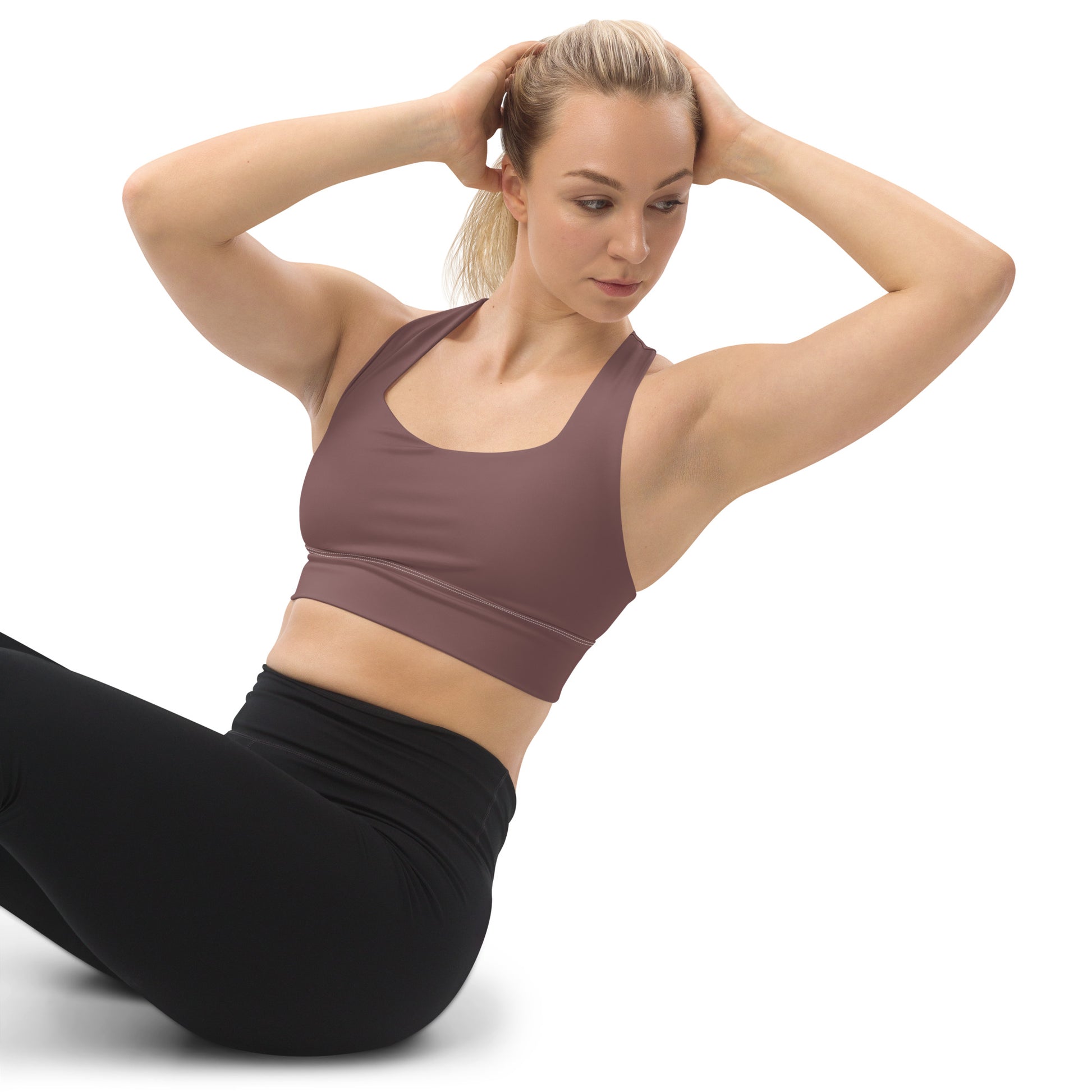 Muave Longline Camo UNCIVIL women's high impact Sports Bra with White spear.
