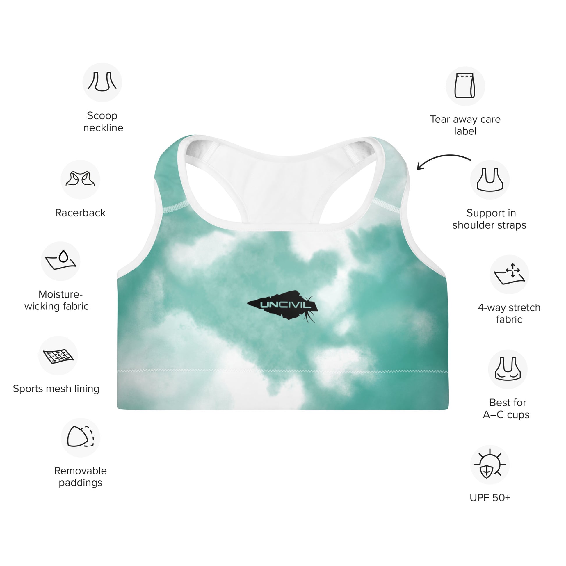 Sky teal Tie-Dye Sports Bra for women, high support.