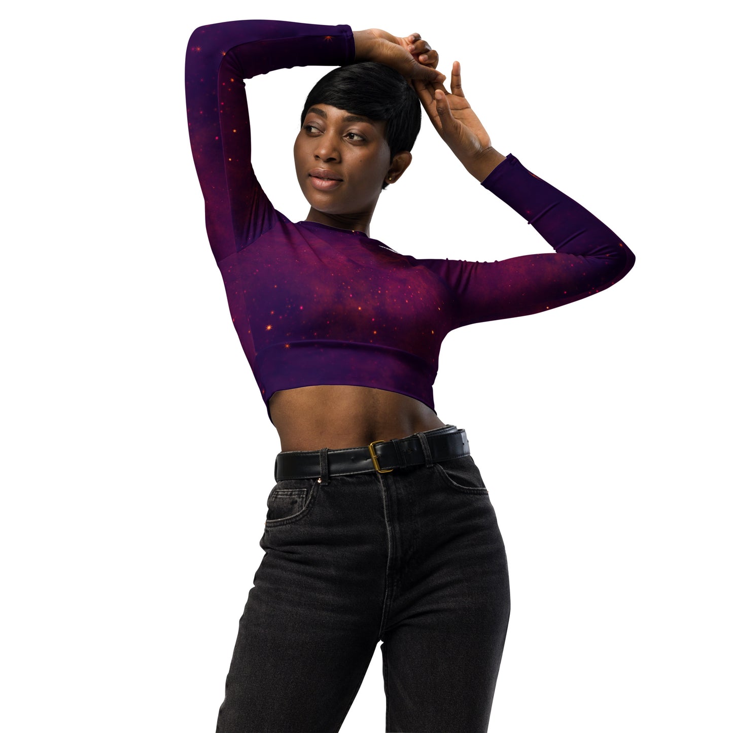 Astro long-sleeve crop top for women is made of recycled polyester and elastane, making it an eco-friendly choice for swimming, sports, or athleisure. UPF 50+.