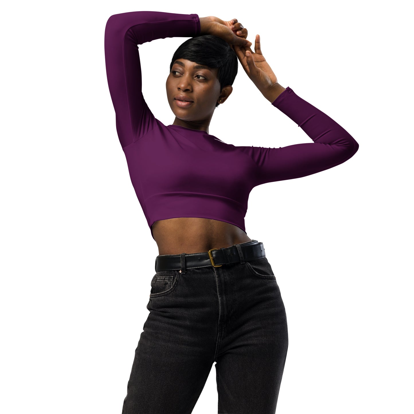 Dark Fuchsia long-sleeve crop top for women is made of recycled polyester and elastane, making it an eco-friendly choice for swimming, sports, or athleisure. UPF 50+.