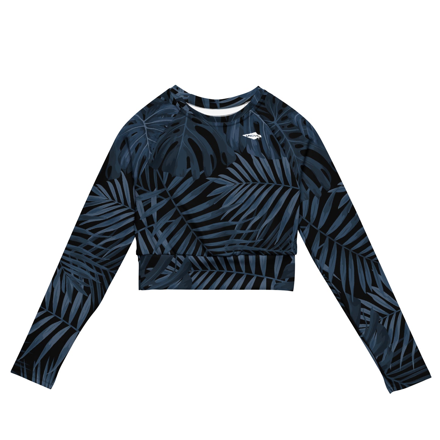Steel Blue Palms long-sleeve crop top for women is made of recycled polyester and elastane, making it an eco-friendly choice for swimming, sports, or athleisure. UPF 50+.