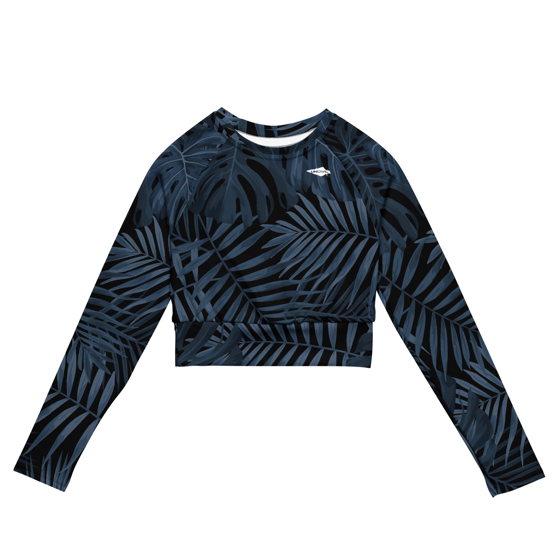 Steel Blue Palms long-sleeve crop top for women is made of recycled polyester and elastane, making it an eco-friendly choice for swimming, sports, or athleisure. UPF 50+.