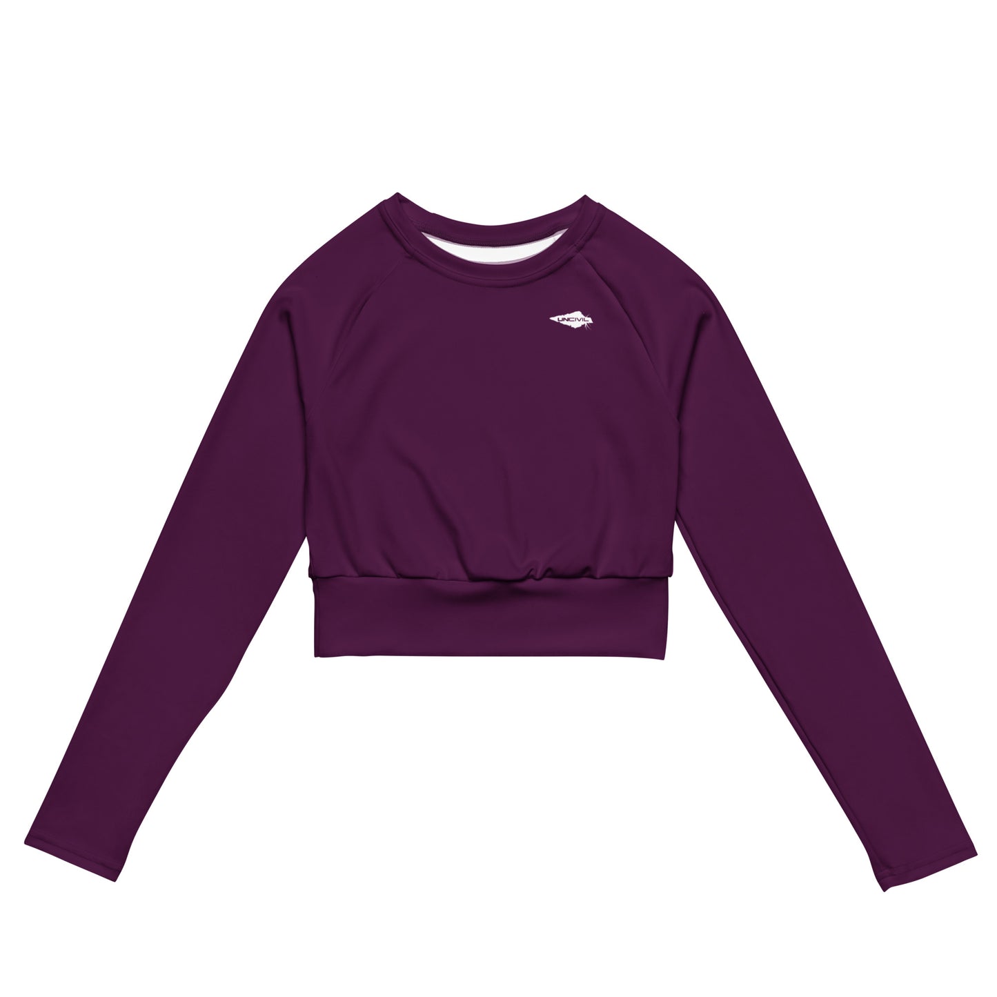 Dark Fuchsia long-sleeve crop top for women is made of recycled polyester and elastane, making it an eco-friendly choice for swimming, sports, or athleisure. UPF 50+.