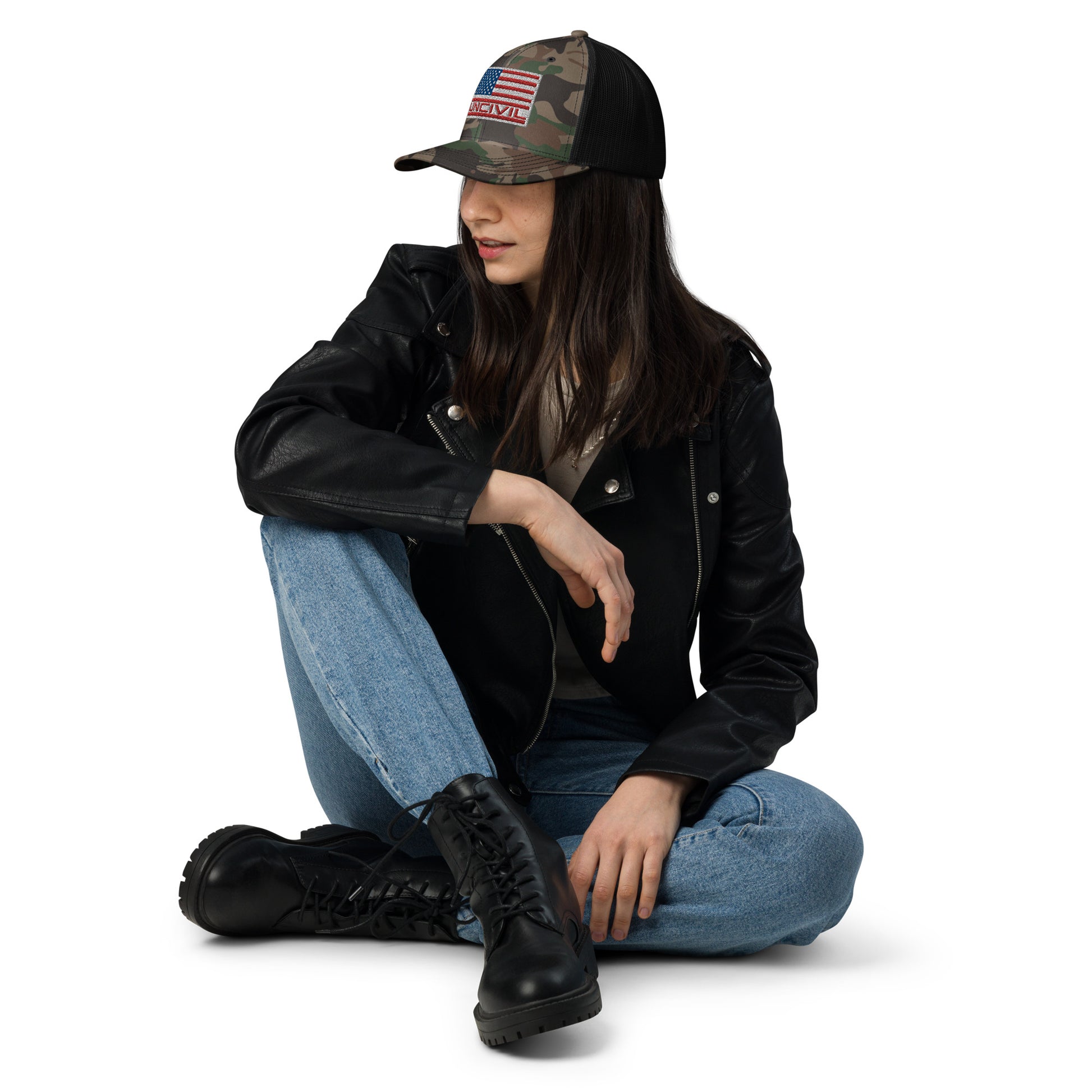 Camo American Flag black Mesh Trucker Hat