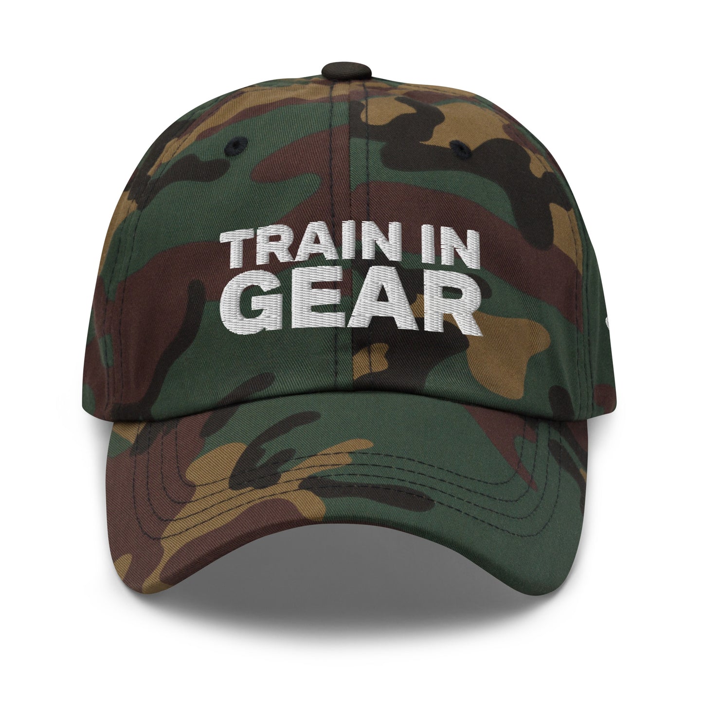 Train in Gear Firefighter hat. Camo Army baseball hat.