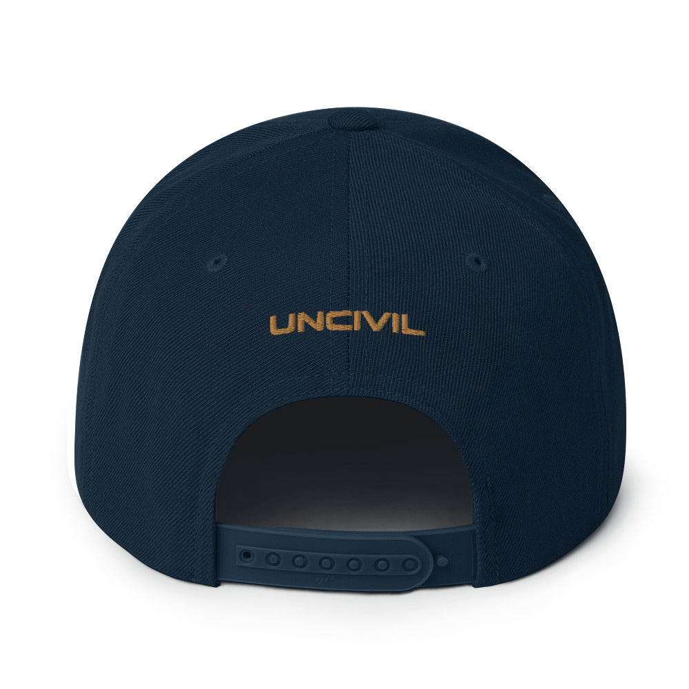 Embrace your patriotic side with our Navy and Gold Betsy Ross UNCIVIL Snapback hat. Featuring the iconic 13 stars design, this hat is perfect for anyone who loves America and its rich history.