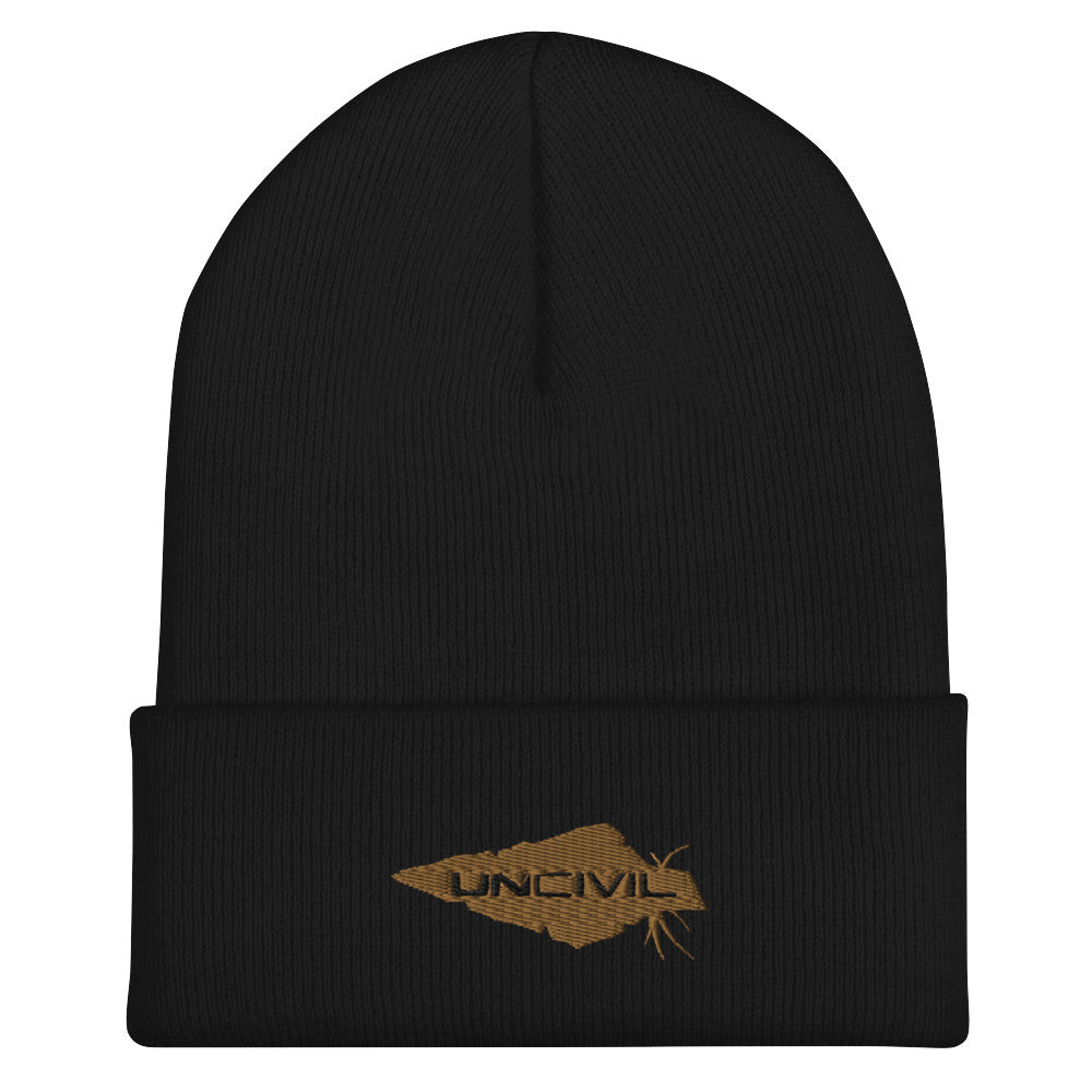 Our UNCIVIL Gold cuffed beanie is a snug, form-fitting beanie for men or women. Offered in Black with our Gold UNCIVIL Spear.