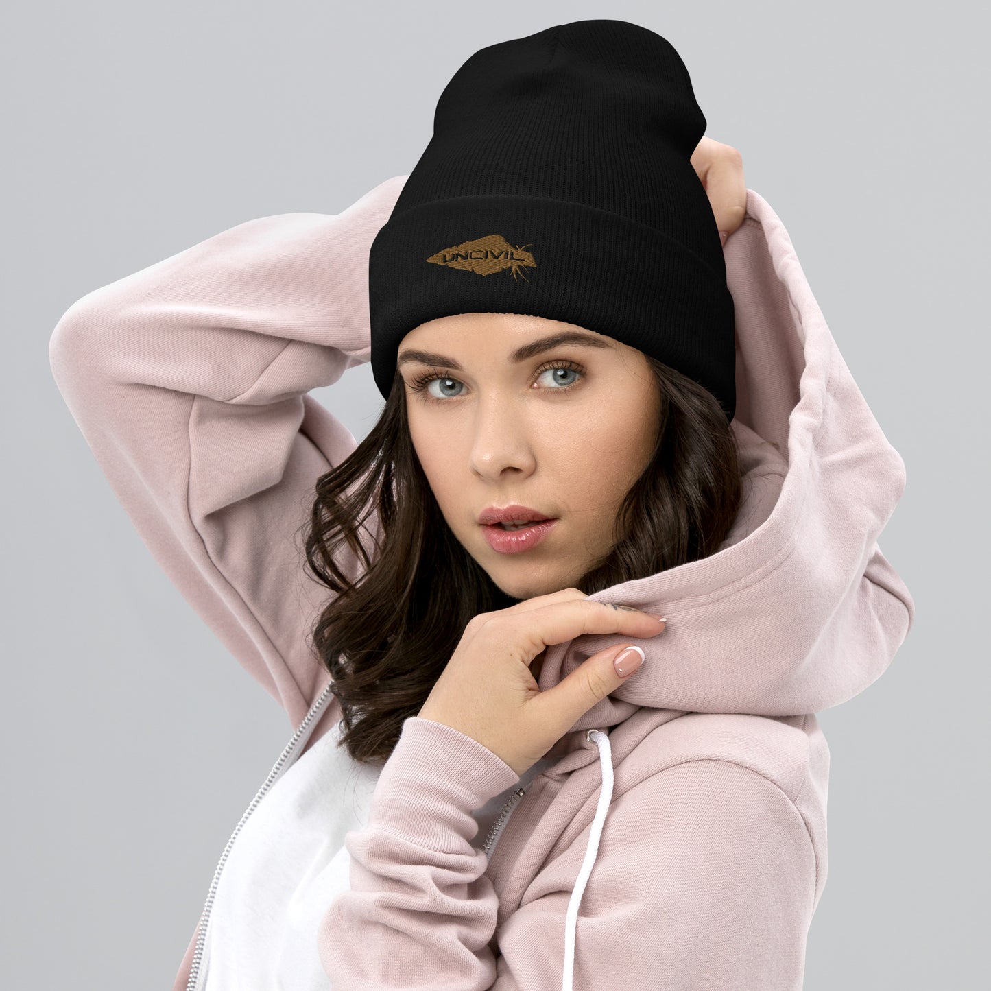 Our UNCIVIL Gold cuffed beanie is a snug, form-fitting beanie for men or women. Offered in Black with our Gold UNCIVIL Spear.