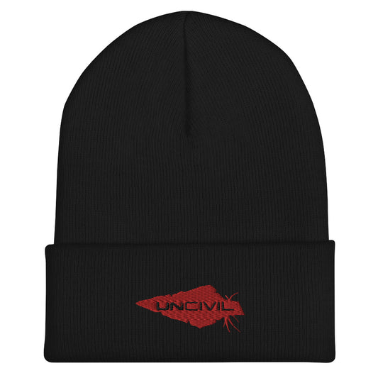 Our UNCIVIL Gold cuffed beanie is a snug, form-fitting beanie for men or women. Offered in Black with our Red UNCIVIL Spear.