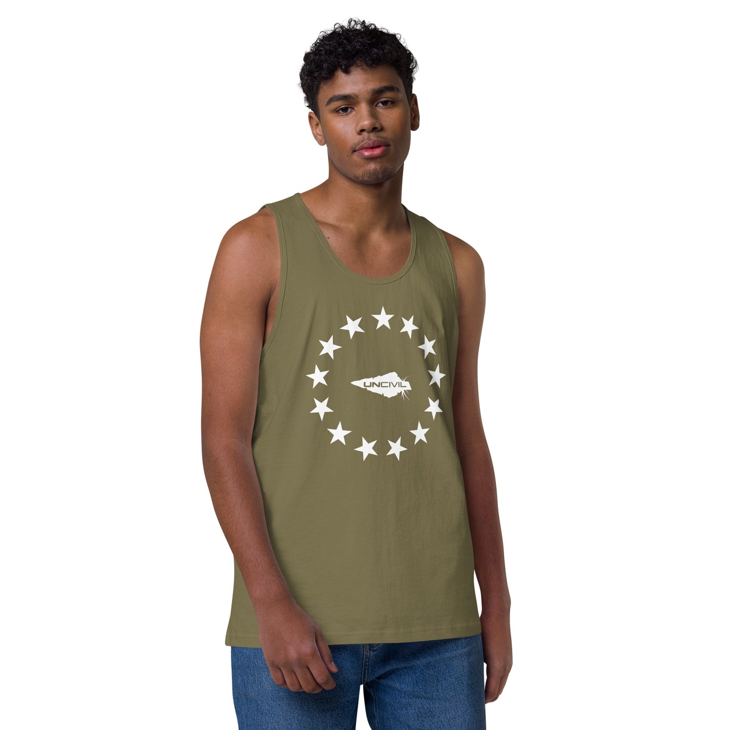 Betsy Ross men's tank top. Featuring the iconic 13 stars design, this tank is perfect for anyone who loves America and its rich history. Military Green and white.