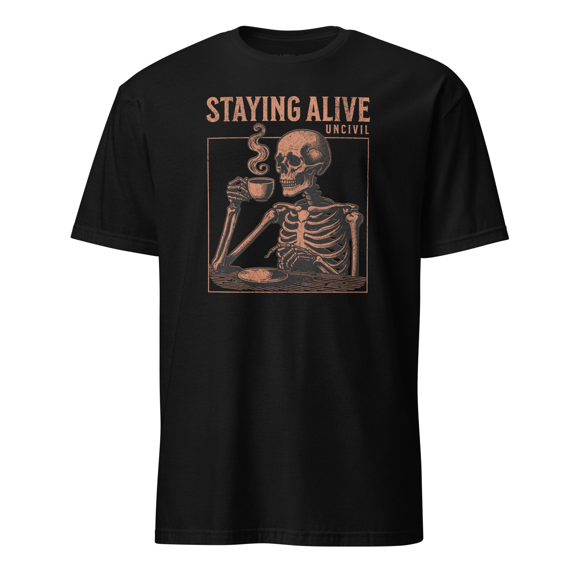 Black Staying Alive Graphic Unisex T-Shirt with Skeleton Drinking Coffee