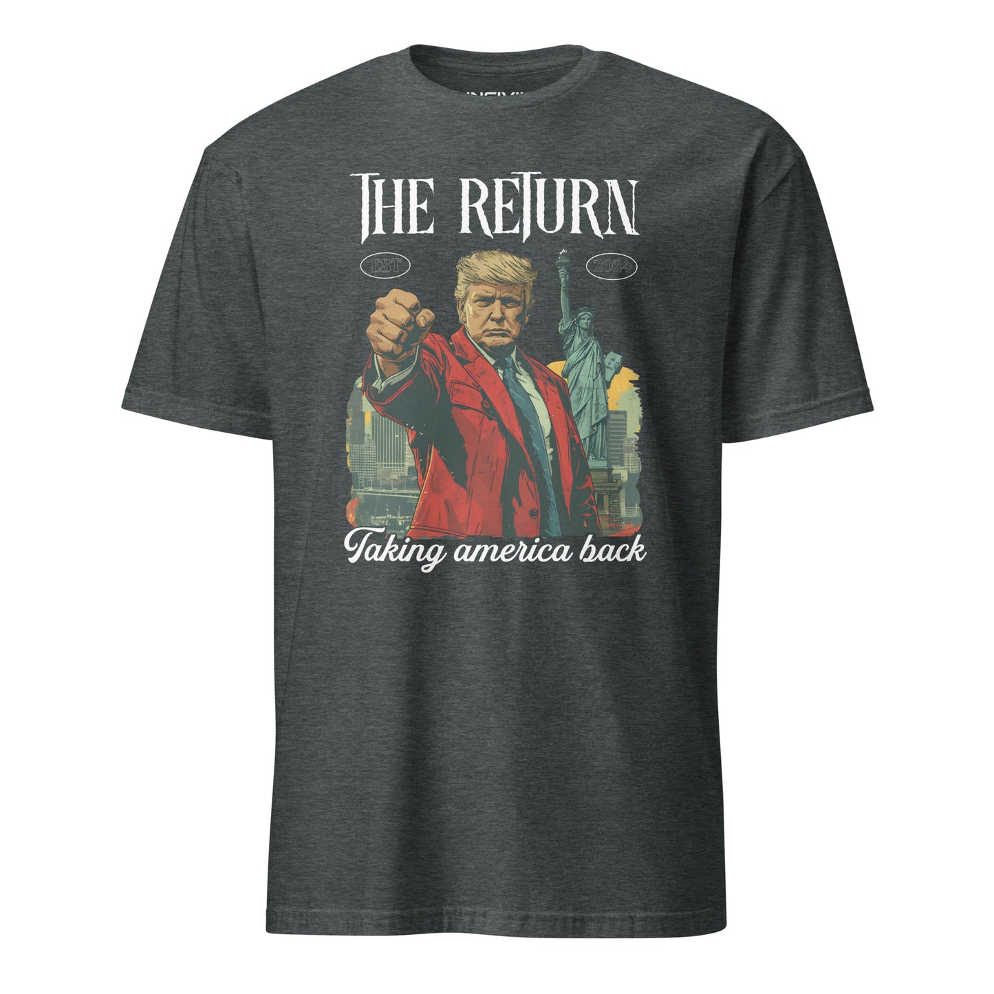 Heather Grey The return! Taking America back featuring President Donald Trump and Lady Liberty Graphic Limited Time Design T-shirt.