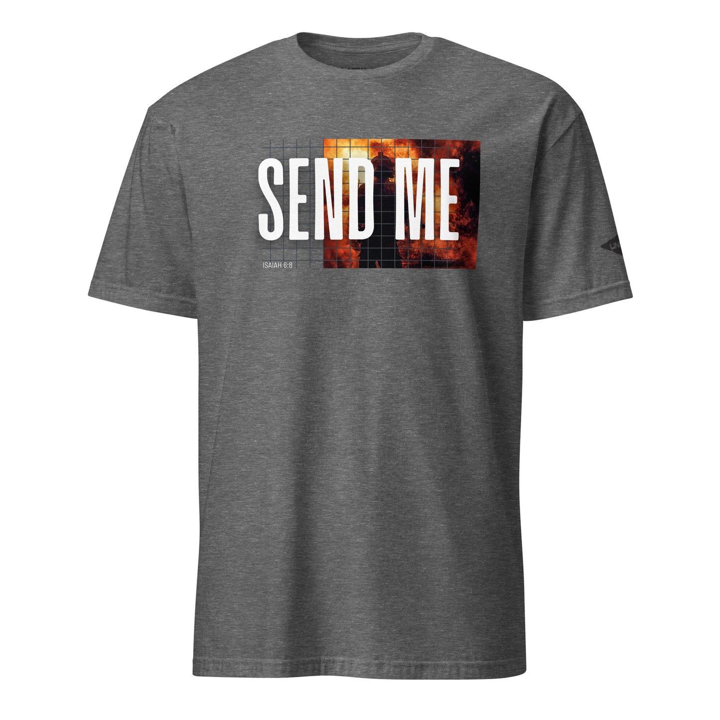 Graphite Grey Send Me Isaiah 6:8 UNCIVIL Flames T-Shirt with Black Uncivil Spear on Left Sleeve
