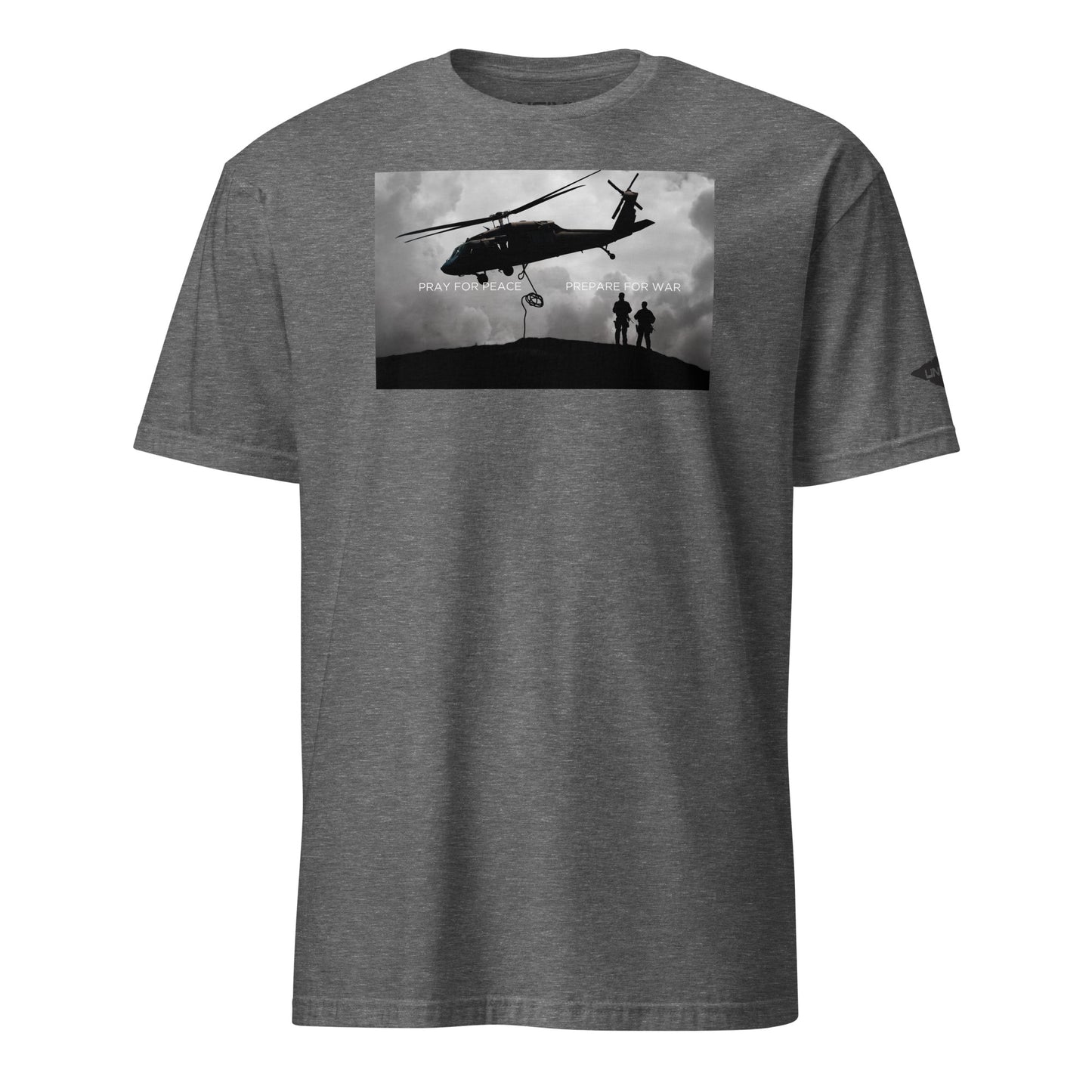 Heather Grey Pray for Peace, Prepare for War helicopter military Unisex UNCIVIL T-Shirt