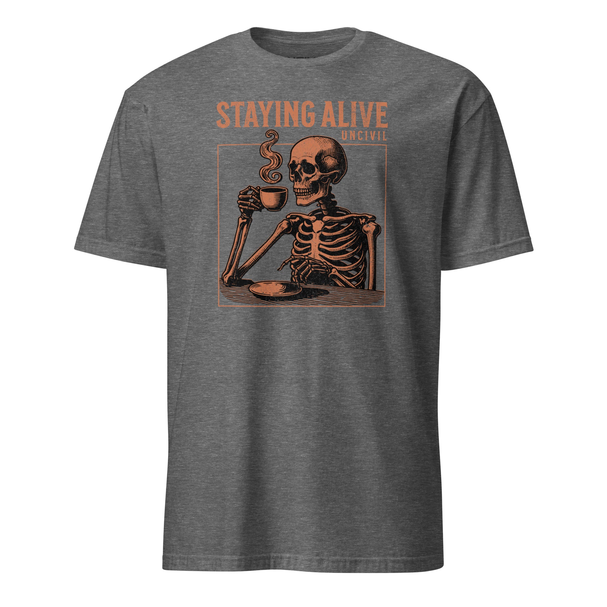 Heather Grey Staying Alive Graphic Unisex T-Shirt with Skeleton Drinking Coffee