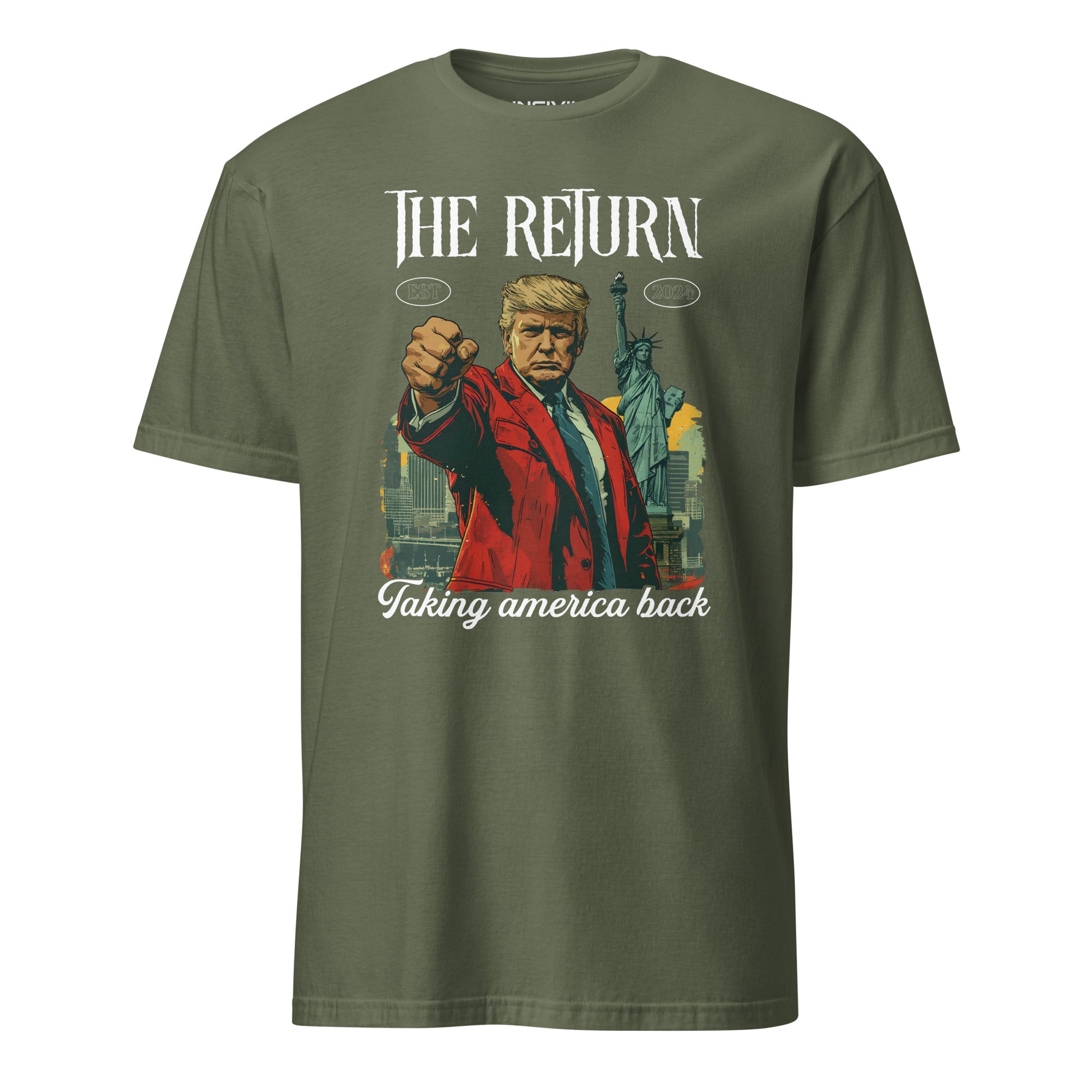 Military reen The return! Taking America back featuring President Donald Trump and Lady Liberty Graphic Limited Time Design T-shirt.