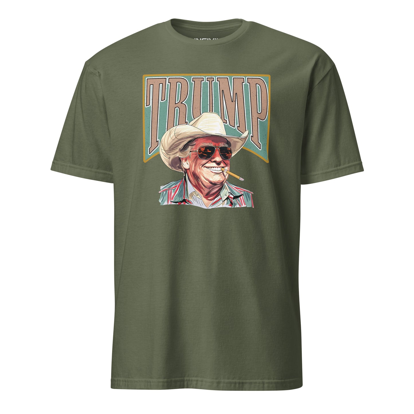 Military Green American Outlaw Trump T-Shirt featuring President Trump wearing a cowboy hat and glasses