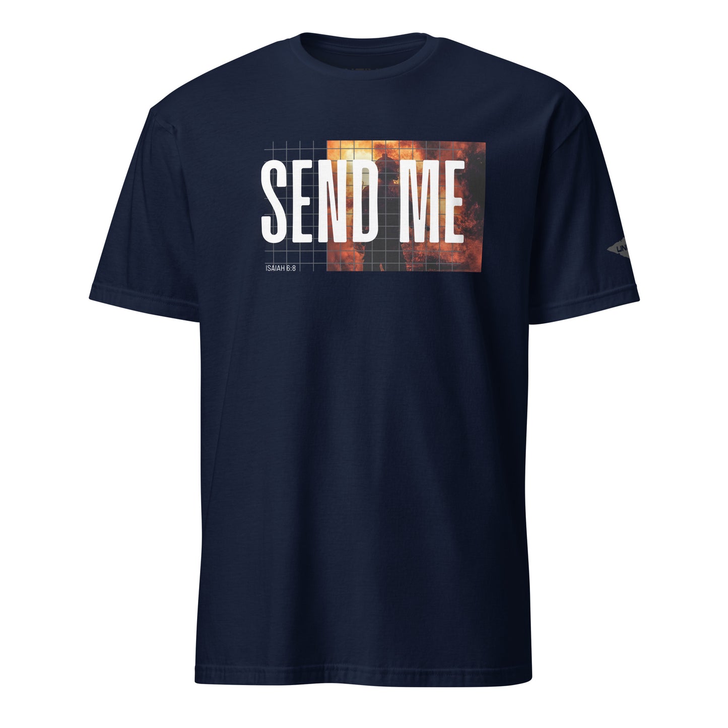 Navy Send Me Isaiah 6:8 UNCIVIL Flames T-Shirt with Black Uncivil Spear on Left Sleeve