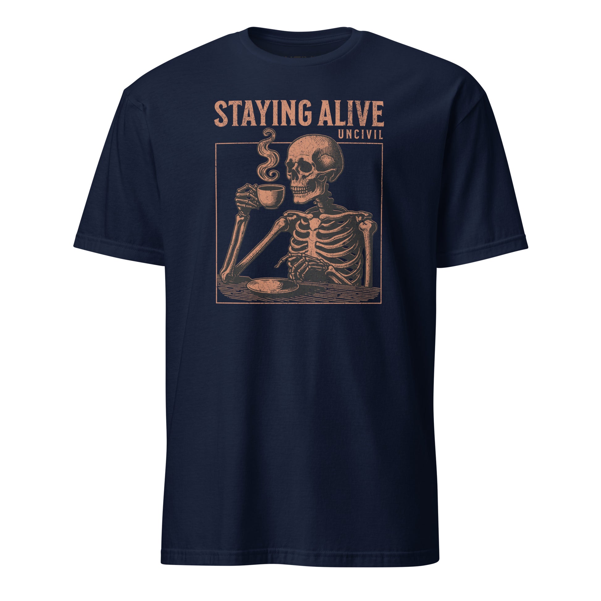 Navy Staying Alive Graphic Unisex T-Shirt with Skeleton Drinking Coffee