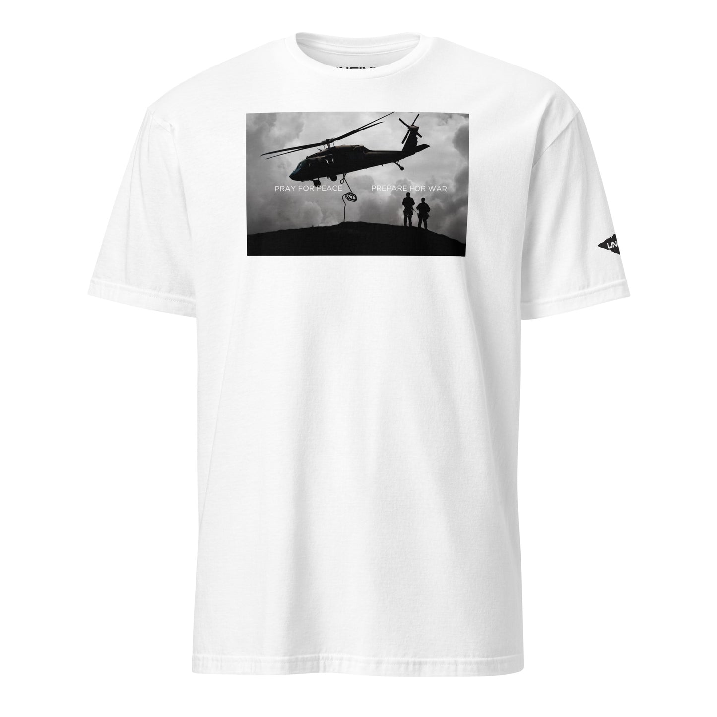 White Pray for Peace, Prepare for War helicopter military Unisex UNCIVIL T-Shirt