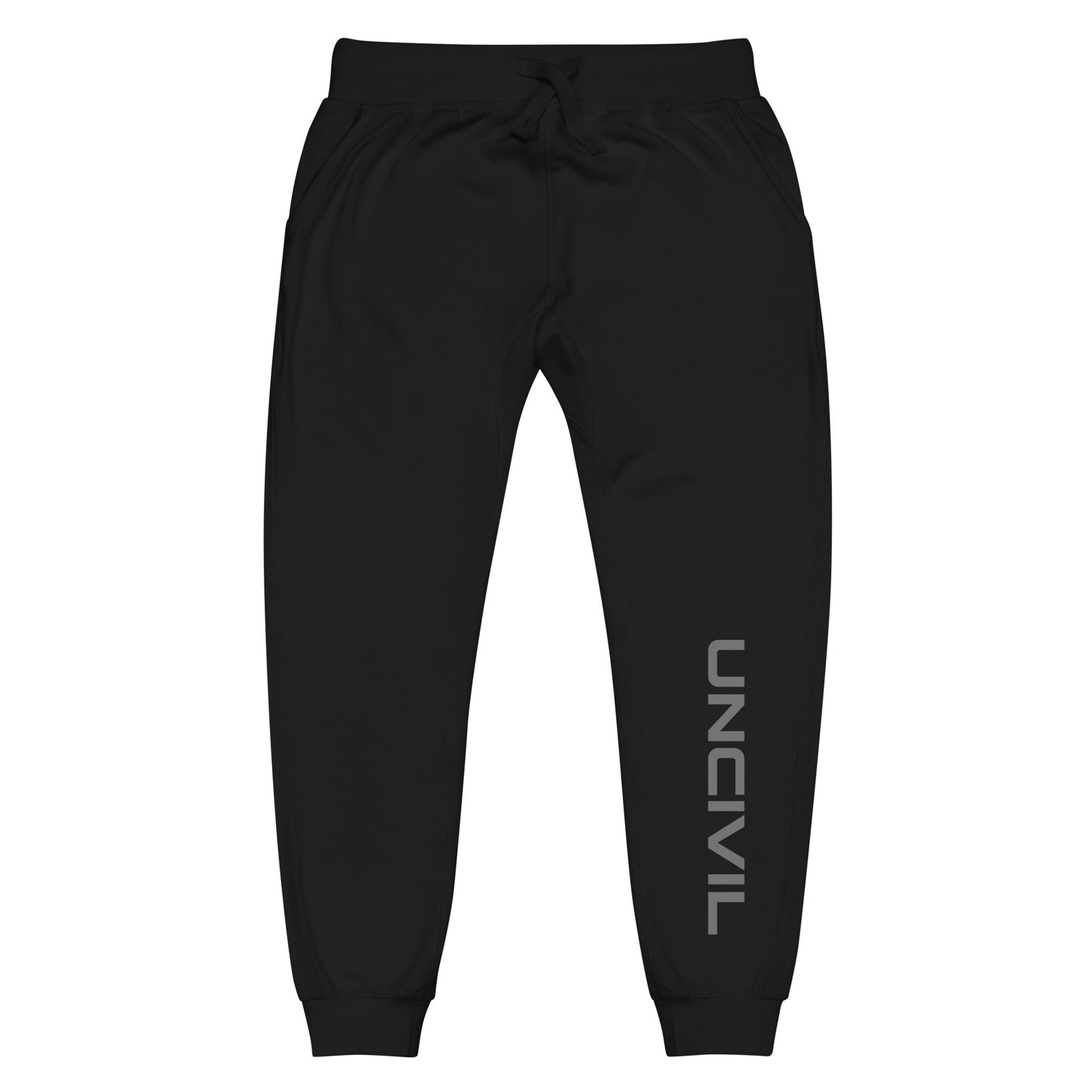 Black sweatpants, UNCIVIL on front left leg and UNCIVIL patch on the back right pocket.