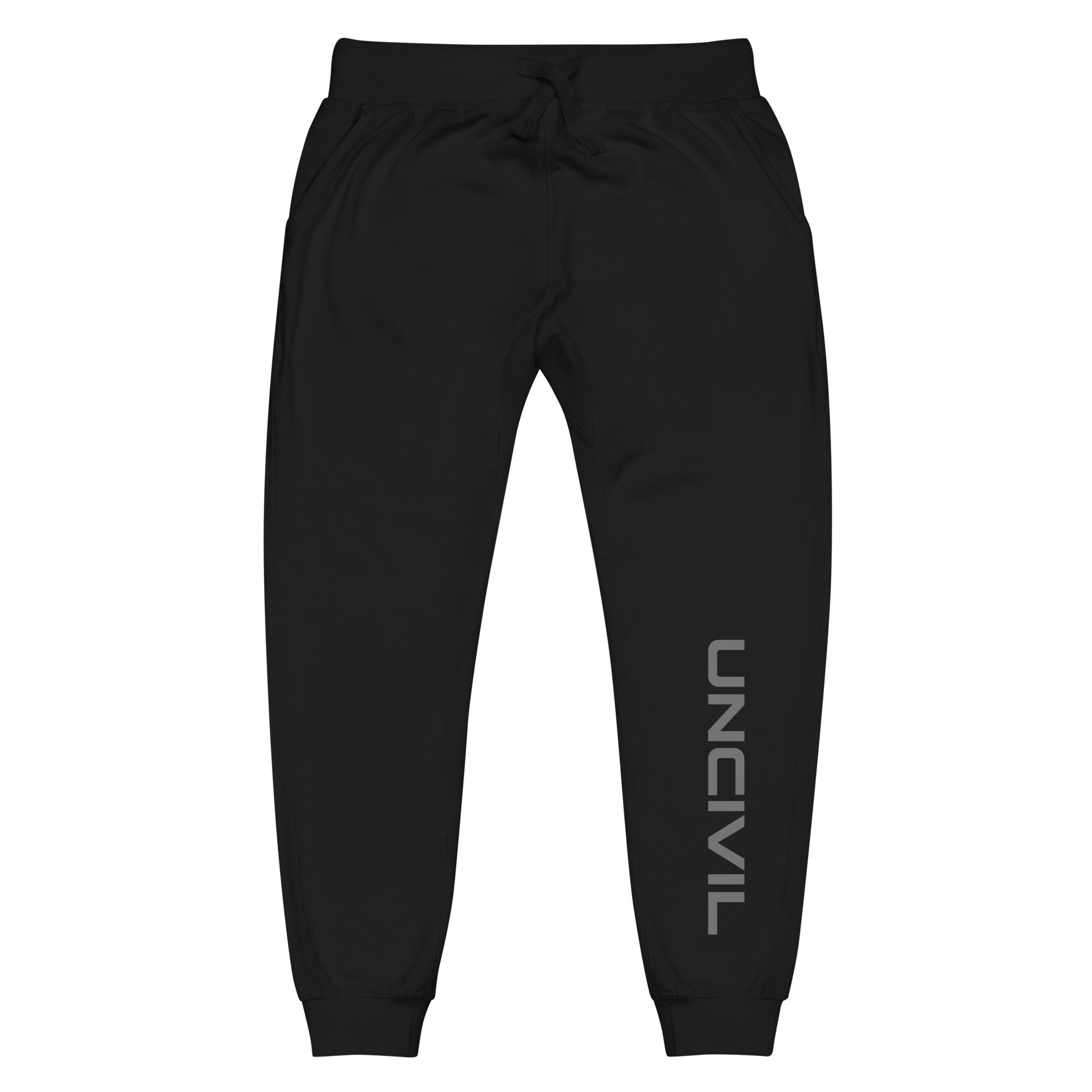 Black sweatpants, UNCIVIL on front left leg and UNCIVIL patch on the back right pocket.