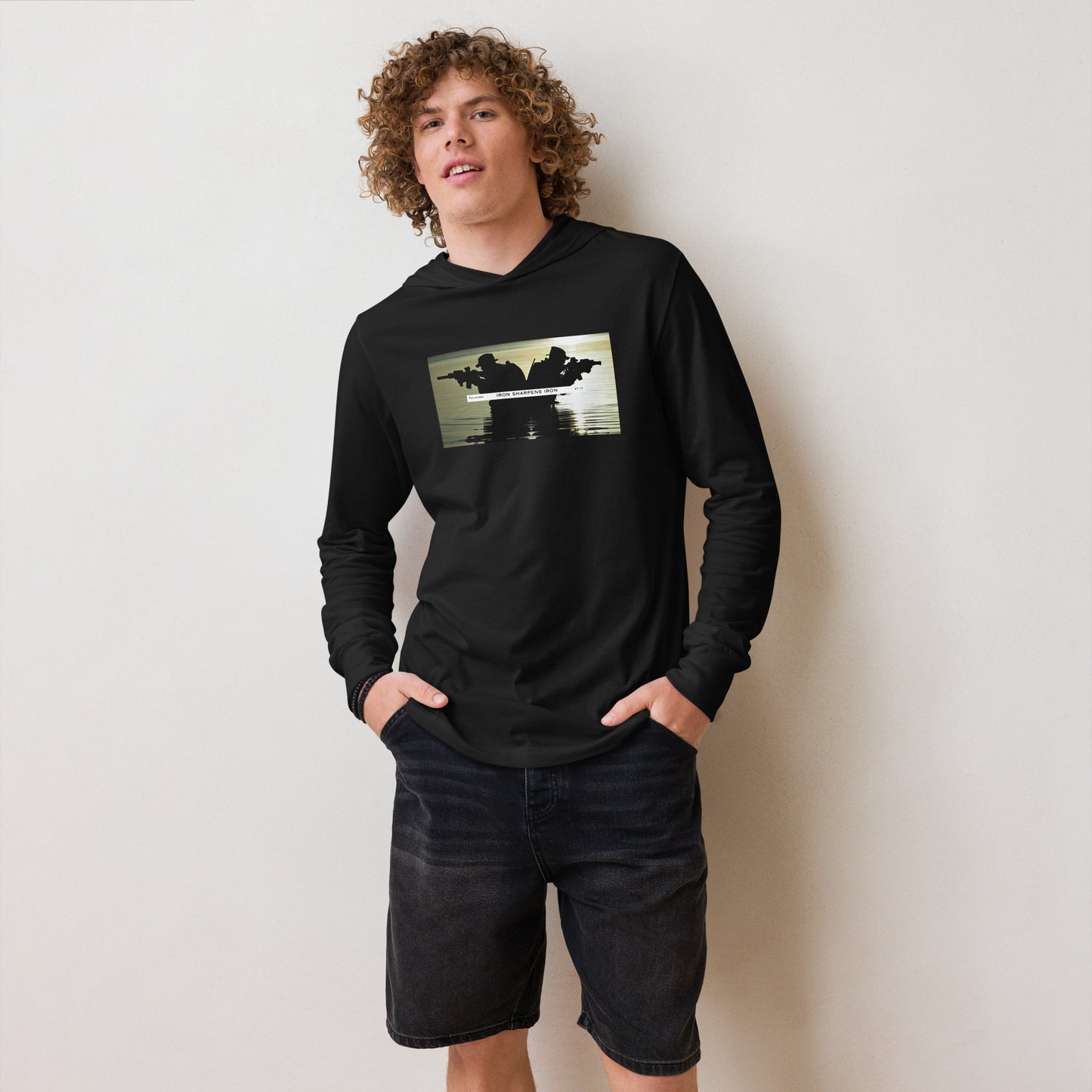 Black Iron Sharpens Iron Graphic Hooded Long-Sleeve Tee