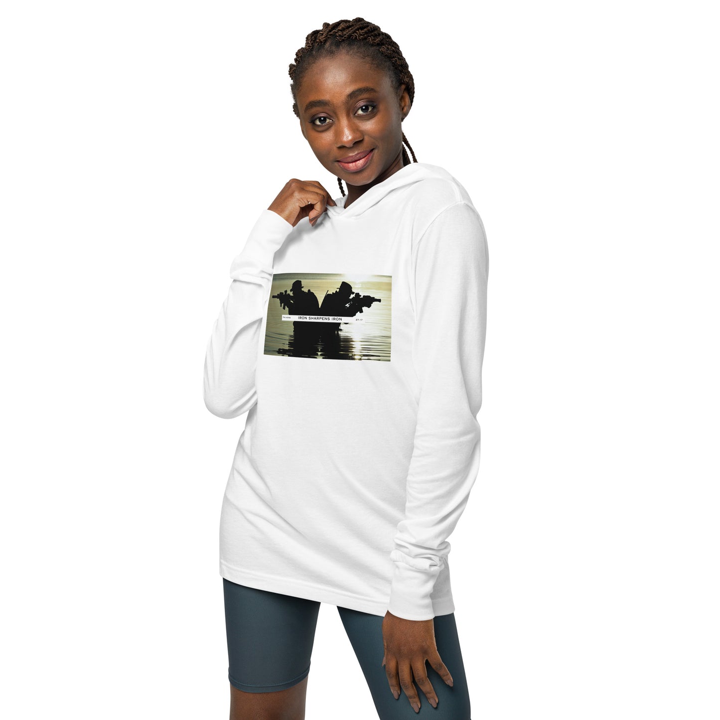 White Iron Sharpens Iron Graphic Hooded Long-Sleeve Tee for women