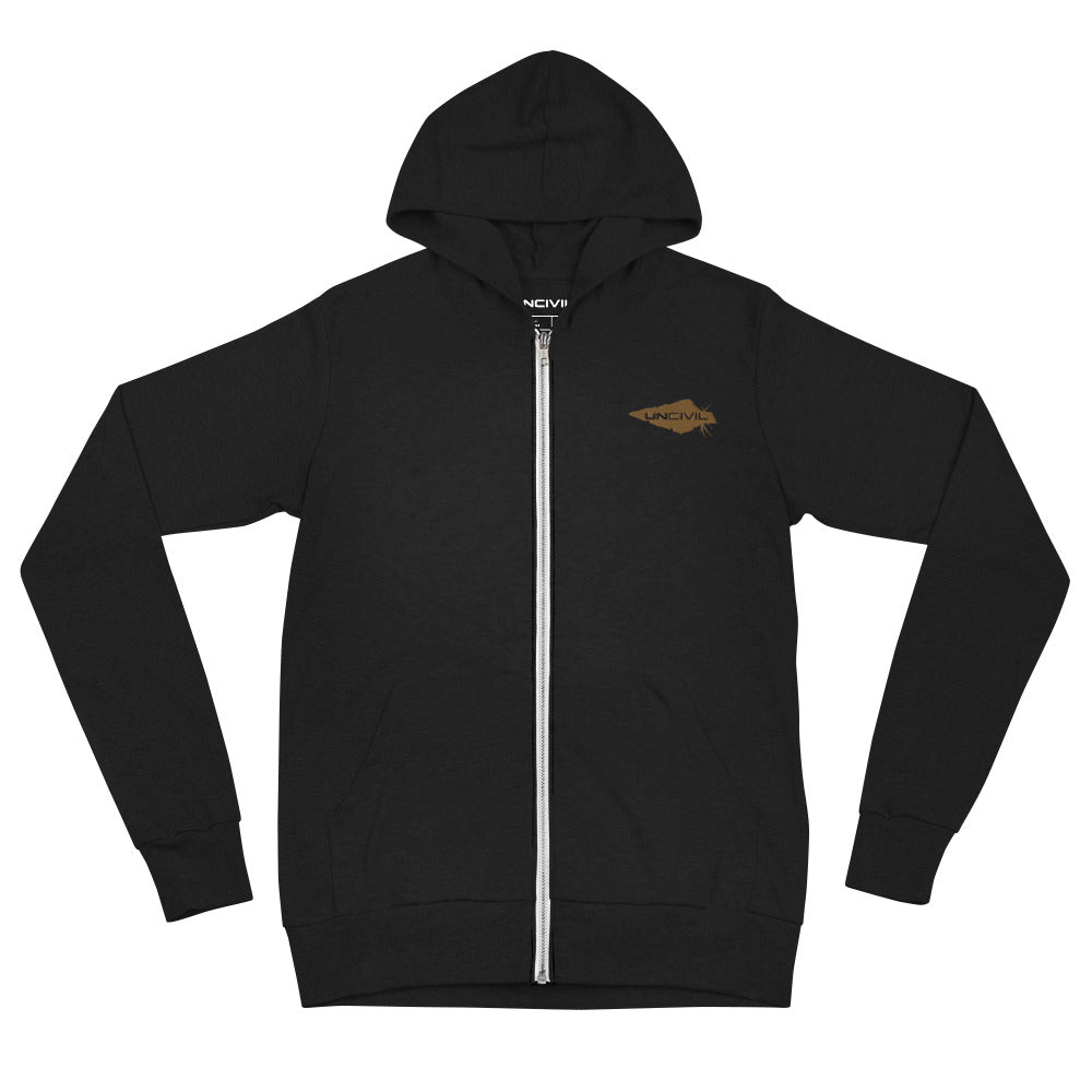 Black UNCIVIL Lightweight Hoodie features our gold uncivil spear. It is lightweight unisex zip hoodie has a modern fit, hood, front zip, and a kangaroo pocket is the way to go.