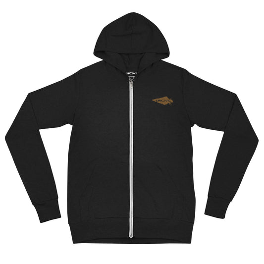 Black UNCIVIL Lightweight Hoodie features our gold uncivil spear.  It is lightweight unisex zip hoodie has a modern fit, hood, front zip, and a kangaroo pocket is the way to go.