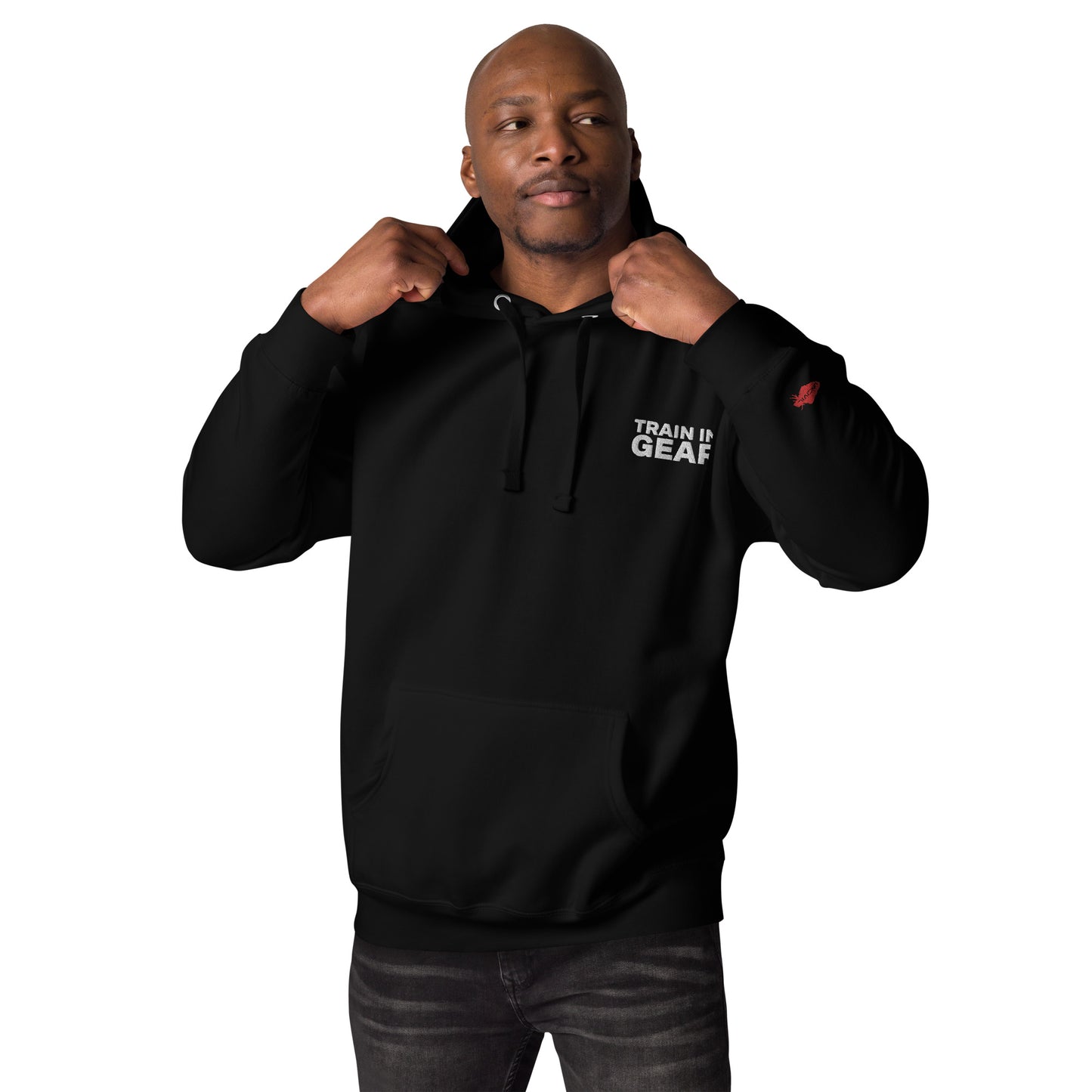 Train in Gear Embroidered Black Hoodie. Top left embroidery in white with our red uncivil spear embroidered on the left wrist.