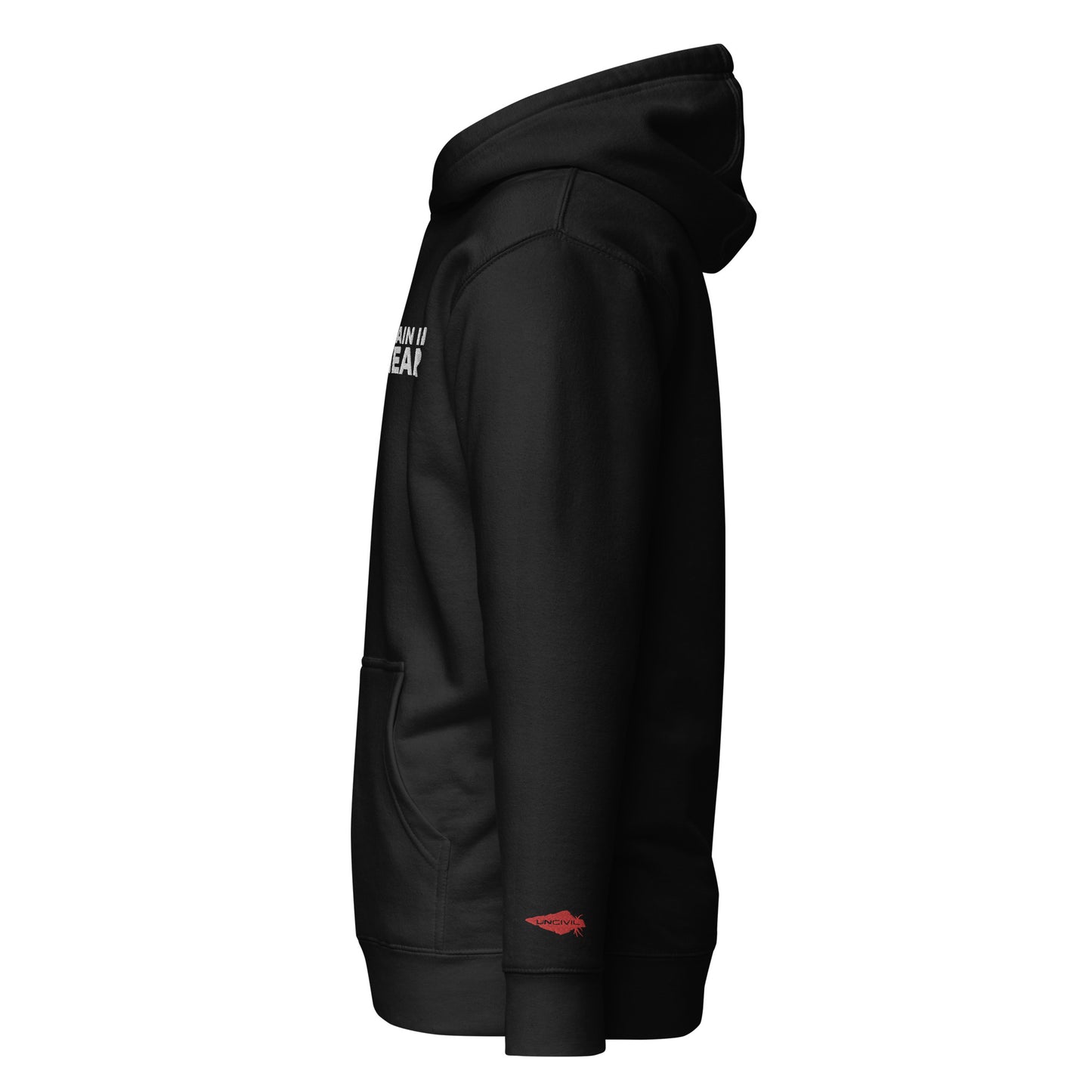 Train in Gear Embroidered Black Hoodie. Top left embroidery in white with our red uncivil spear embroidered on the left wrist.