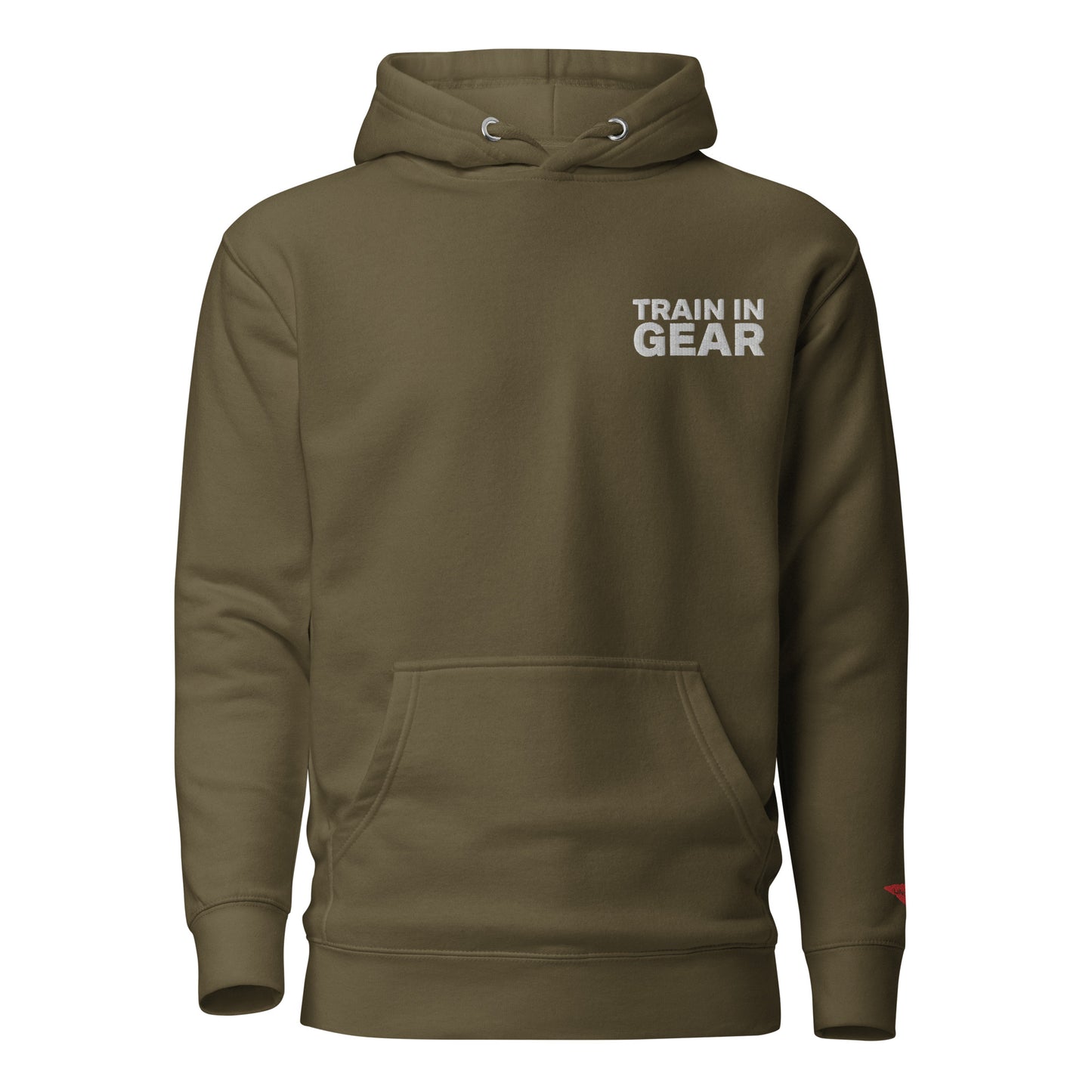 Train in Gear Embroidered Army Green Hoodie. Top left embroidery in white with our red uncivil spear embroidered on the left wrist.