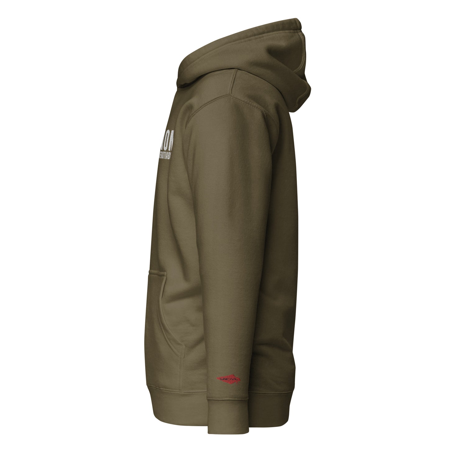 Non-Negotiable UNCIVIL Army Green Hoodie with our embroidered Red Spear