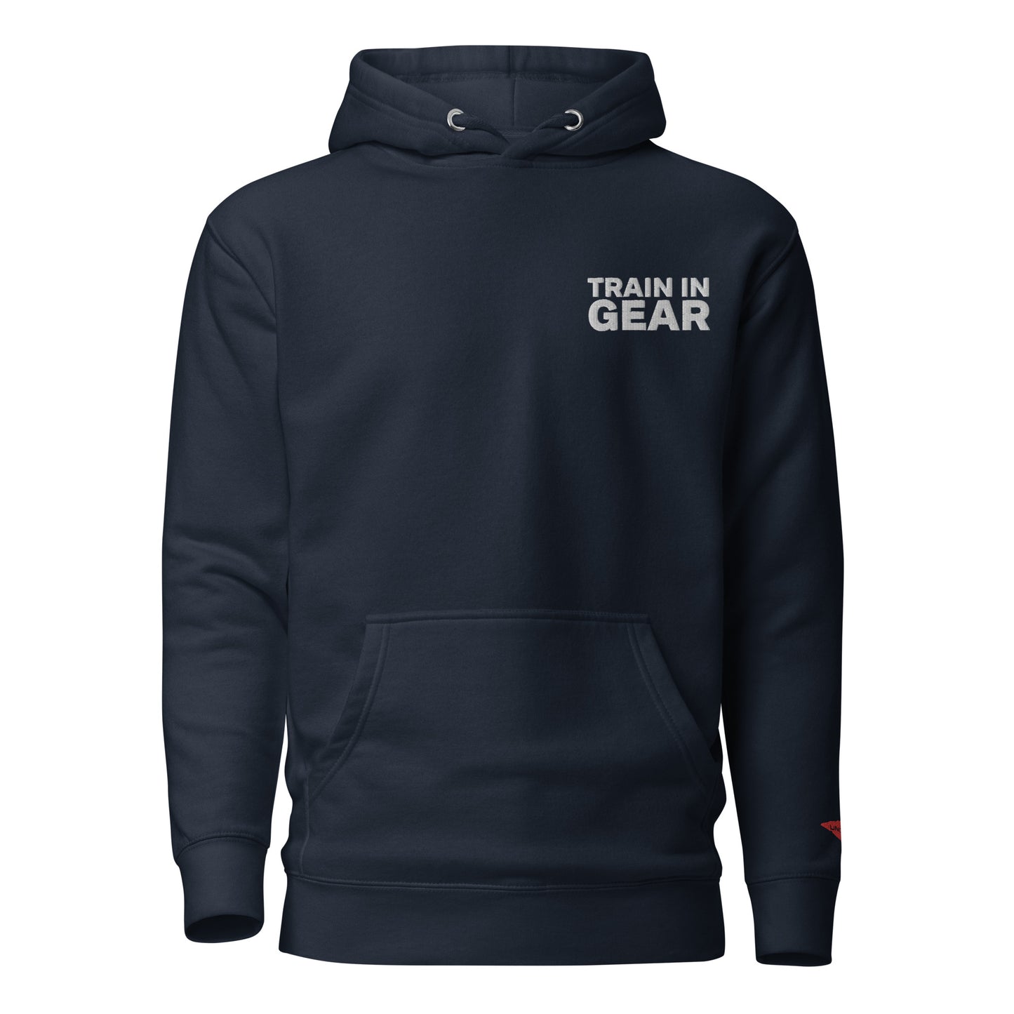 Train in Gear Embroidered Navy Hoodie. Top left embroidery in white with our red uncivil spear embroidered on the left wrist.