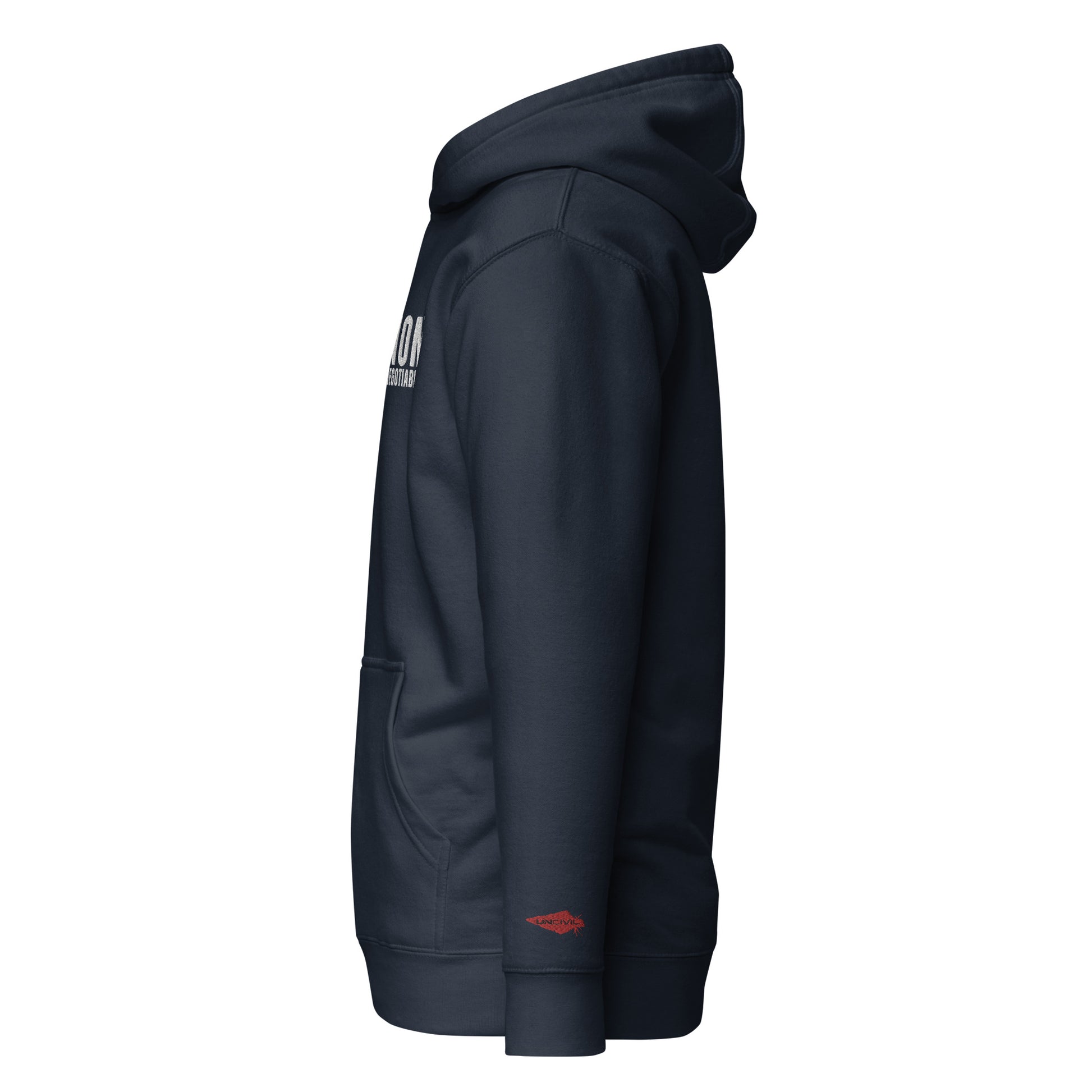 Non-Negotiable UNCIVIL Navy Blue Hoodie with our embroidered Red Spear