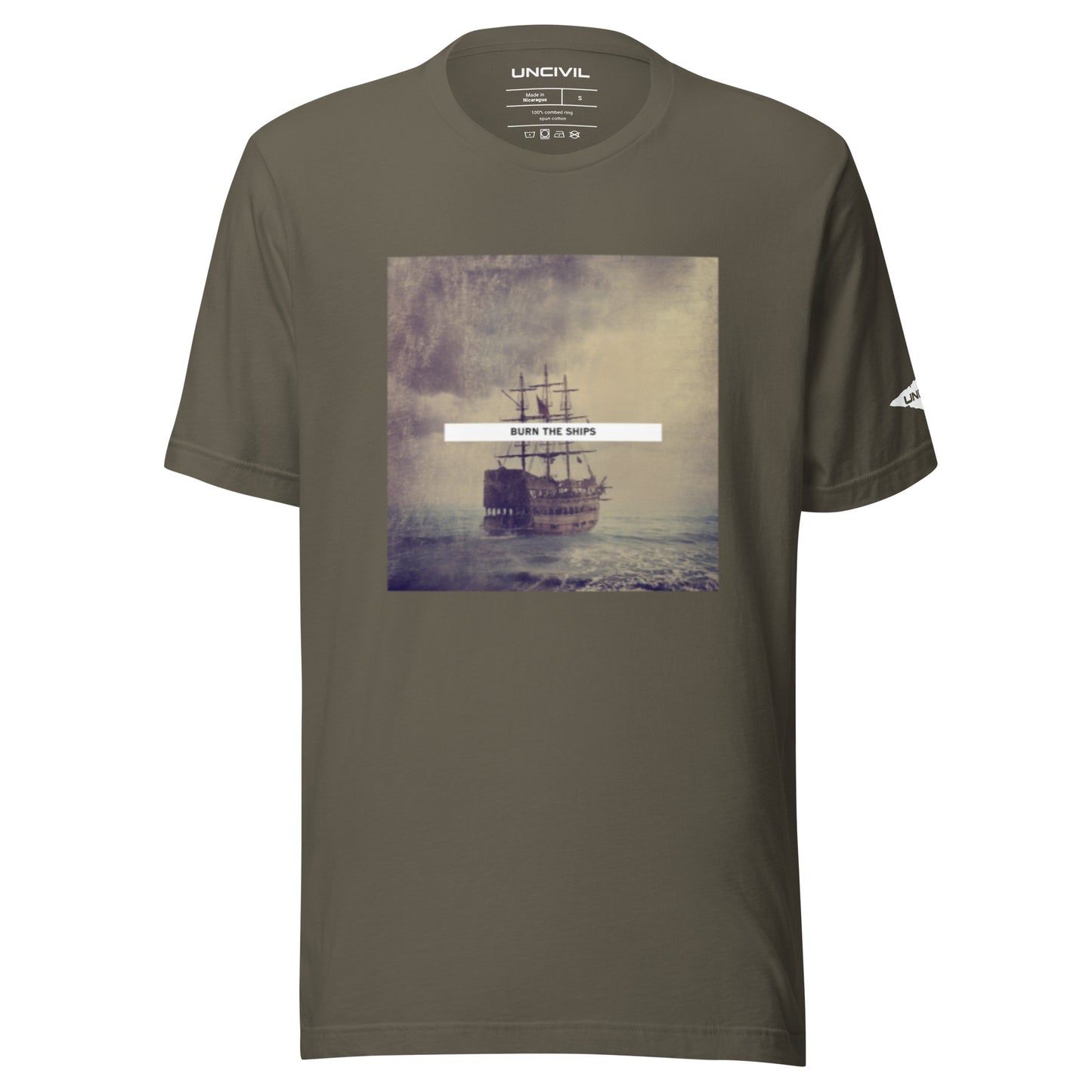Burn the Ships shirt featuring a vintage image of a sailboat, army green for men and women.